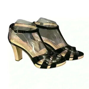 Ann Taylor LOFT Black Patent Leather Heeled T-Strap Sandal Women Sz 6.5